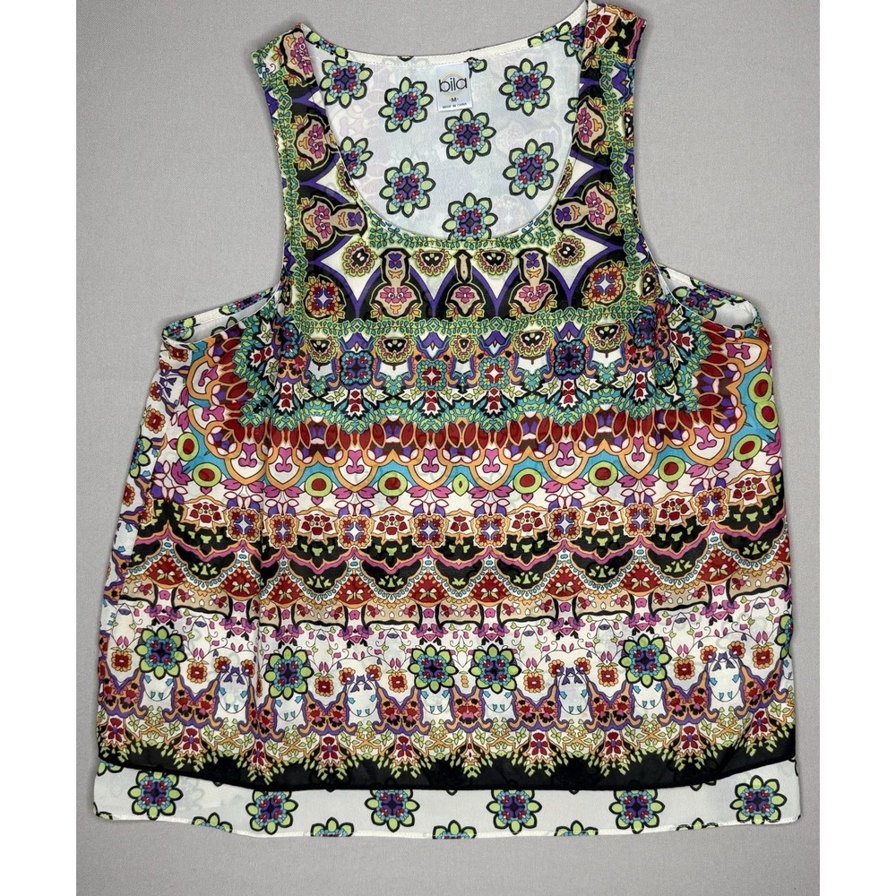 Bila Tank Top Women's Medium Blue‎ Green Floral Boho High Low Hem Hippie Resort - Picture 3 of 10